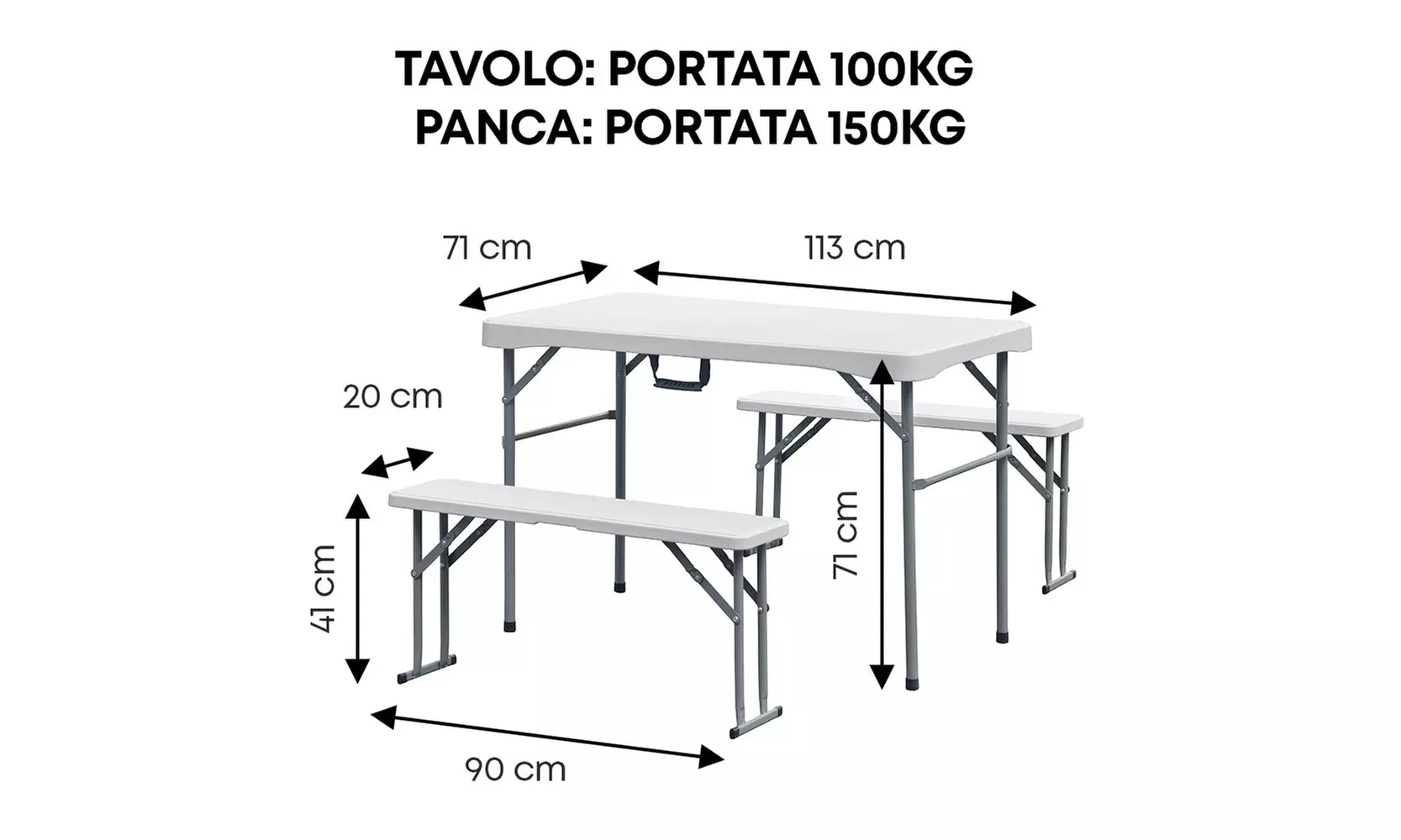 Ensemble d'extérieur pliable comprenant une table et 2 bancs
