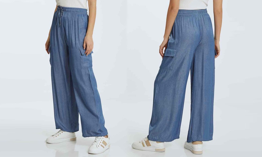 Image 2: Wide Leg Denim Cargo Palazzo Trousers