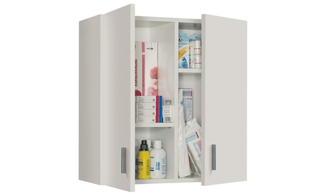 Mobiletto a 2 ante e 4 scomparti, realizzato in laminato bianco con finitura opaca e dettagli metallici