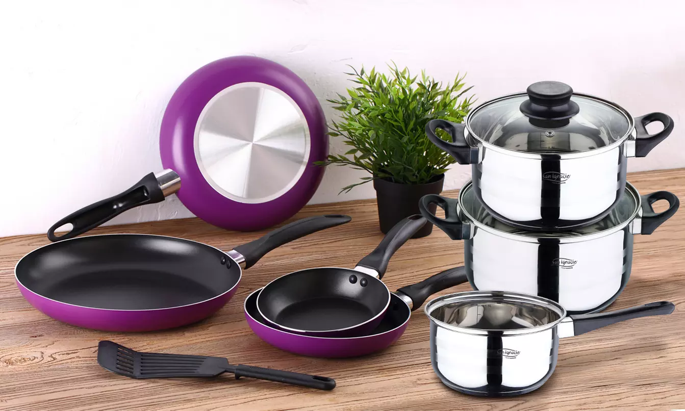 Batterie de cuisine, 3 casseroles avec 2 couvercles en verre, 4 poêles et spatule en nylon San Ignacio - Primary Image