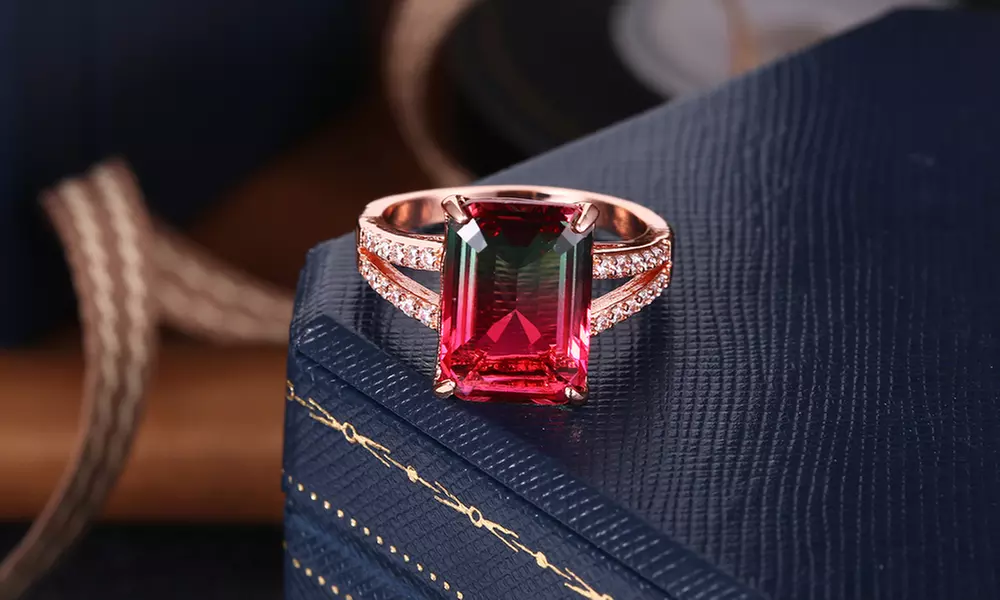 Emerald-Cut Watermelon Tourmaline & 18K Rose Gold Plated Ring by Peermont - Primary Image