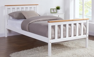 White Wooden Pine Bed with Oak-Effect Top