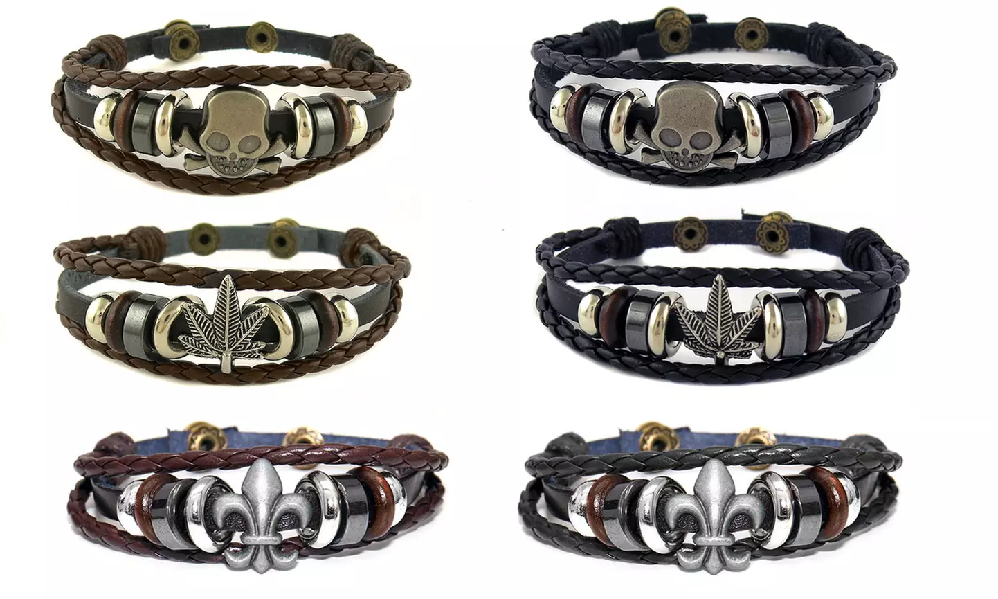 Men's Genuine Leather Triple Row Sideways Cross Bracelet - Primary Image