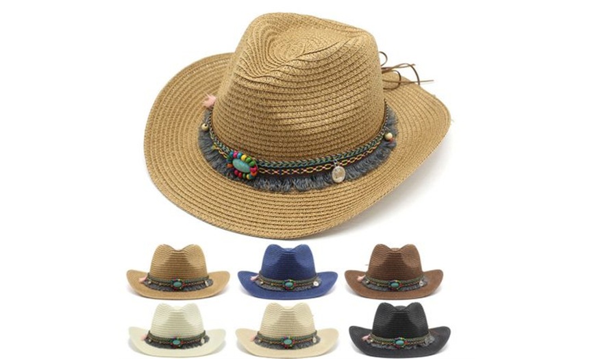 Image 1: Cowboy-Style Straw Hat