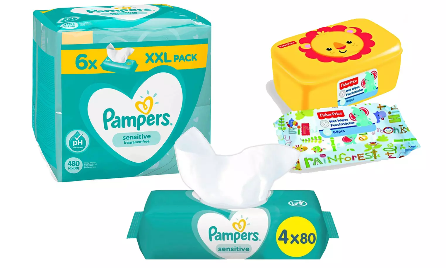 Pack de 480 lingettes pour bébé Pampers et 64 lingettes Fisher-Price avec boite de rangement - Primary Image