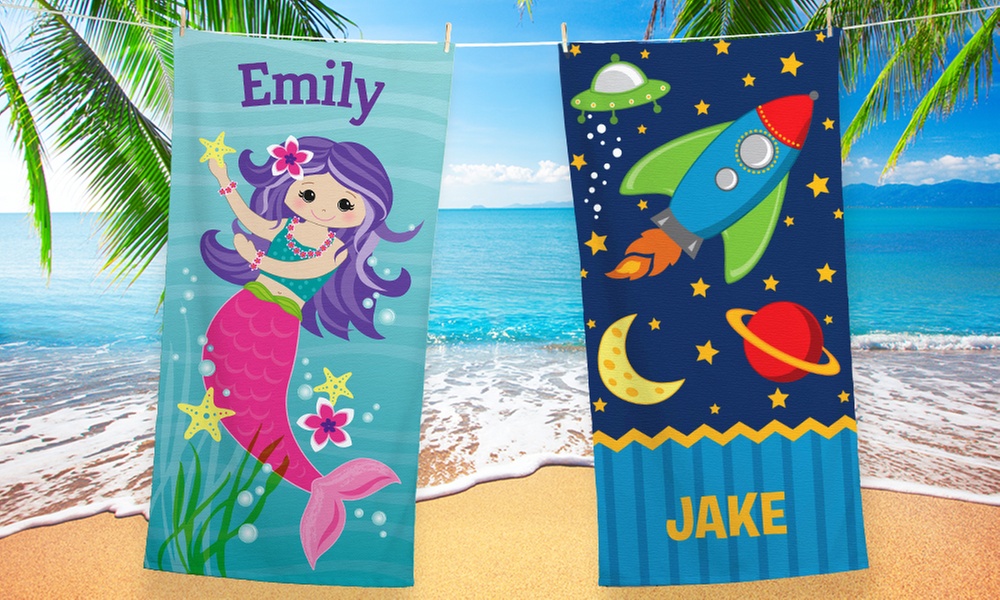 Explore Personalized Planet's custom beach towels with vibrant designs, available in single or set options up to 24% off