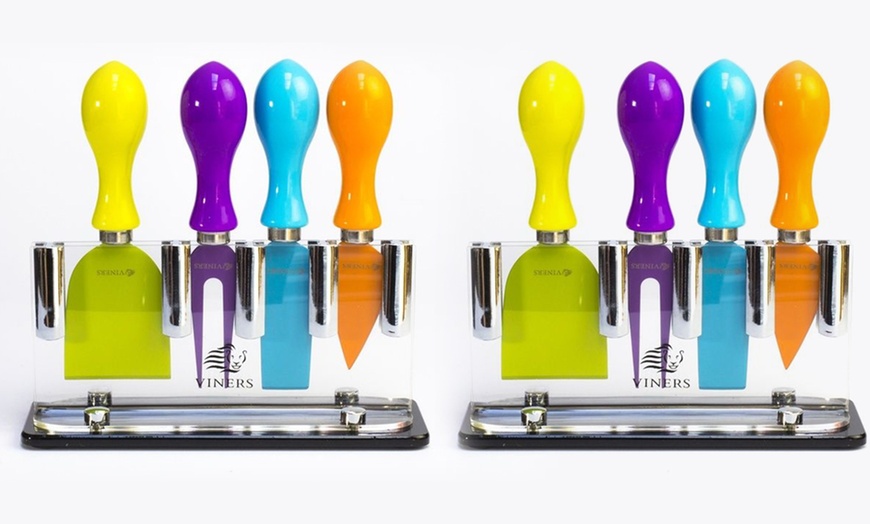 Image 2: One or Two Coloured Four-Piece Cheese Knife Sets with Stand			