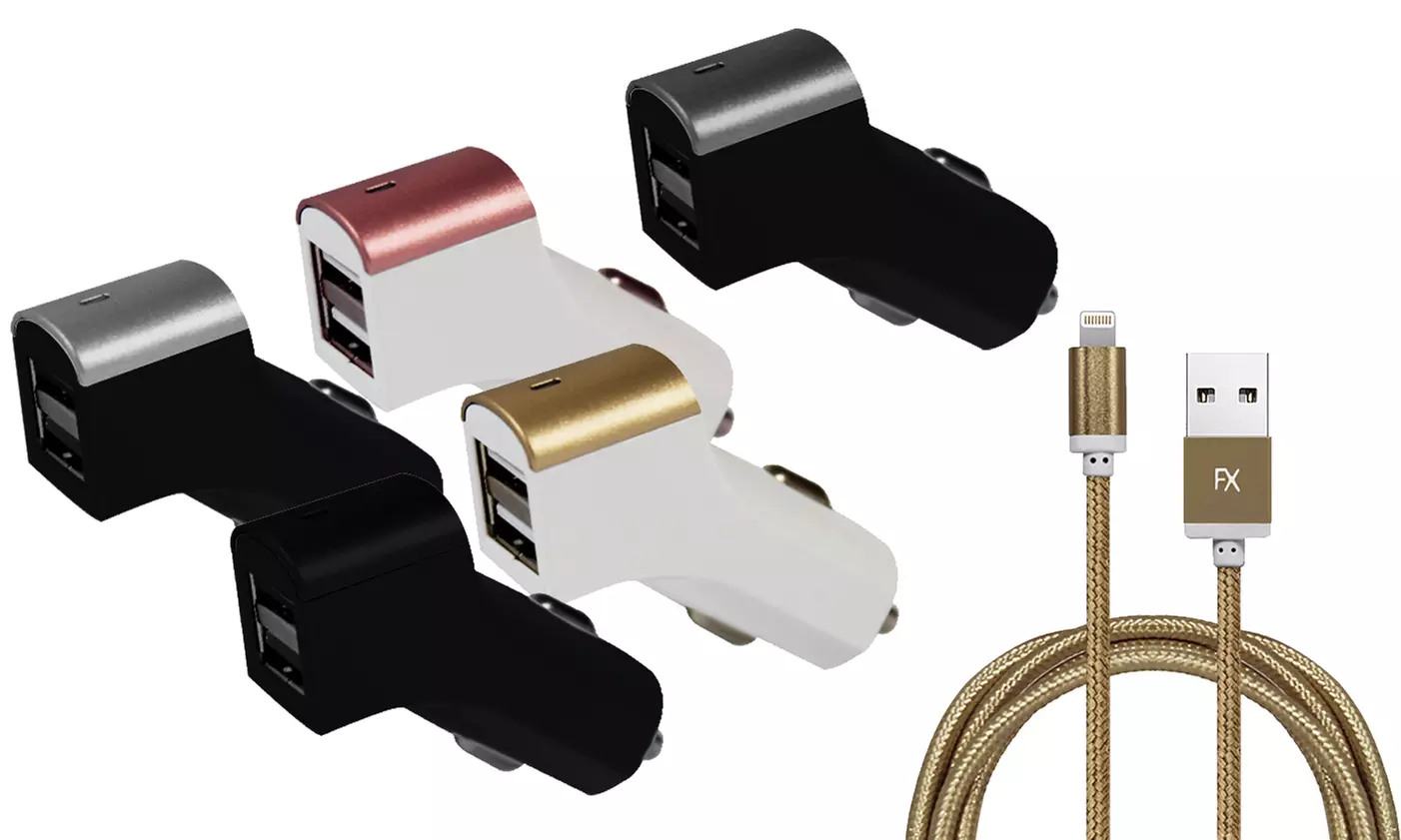 1 ou 2 chargeurs allume-cigare pour voiture compatibles à iPhone avec câble de chargement tressé résistant - Primary Image