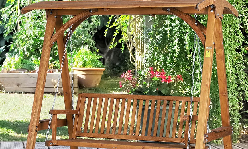 Image 4: Outsunny Wooden Three-Seater Garden Swing