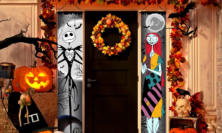 Image 2: Two-Pack of Halloween-Themed Jack and Sally-Design Porch Banners