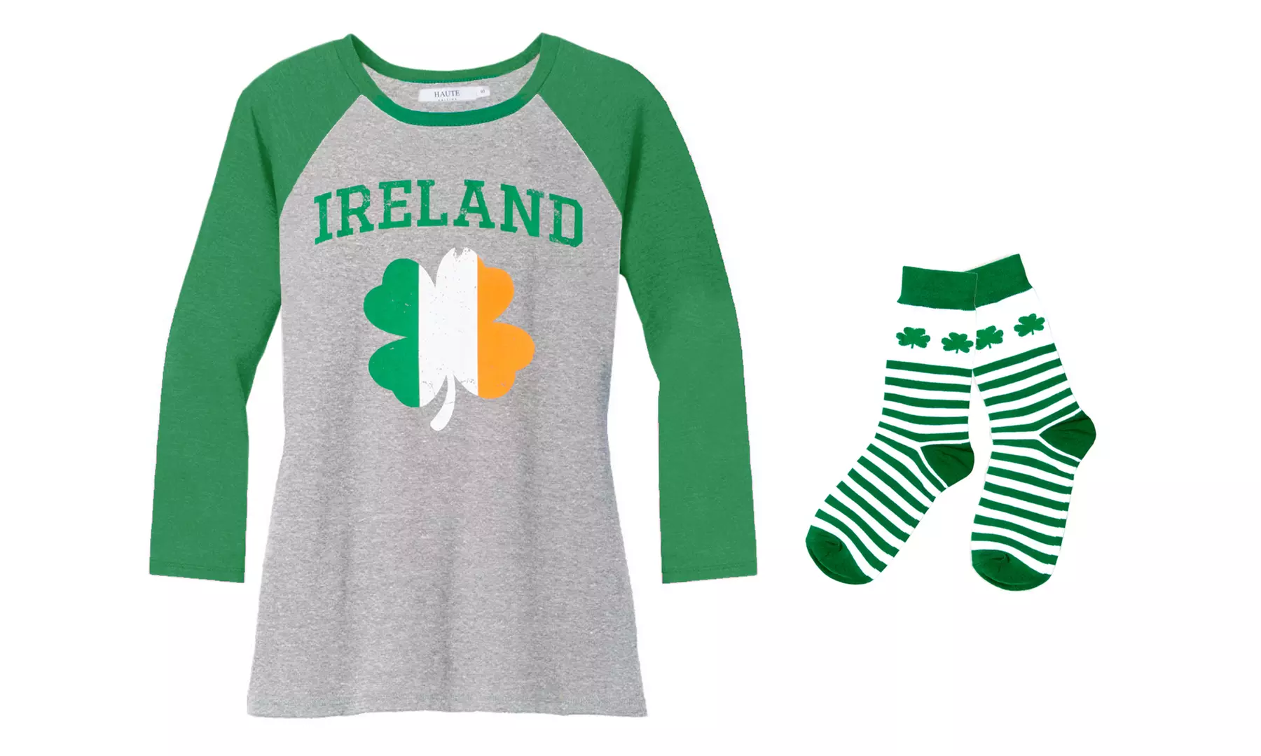 Haute Edition Women's St. Patrick's Day Raglan Tops with Free Socks. Plus Sizes Available. - Second Medium
