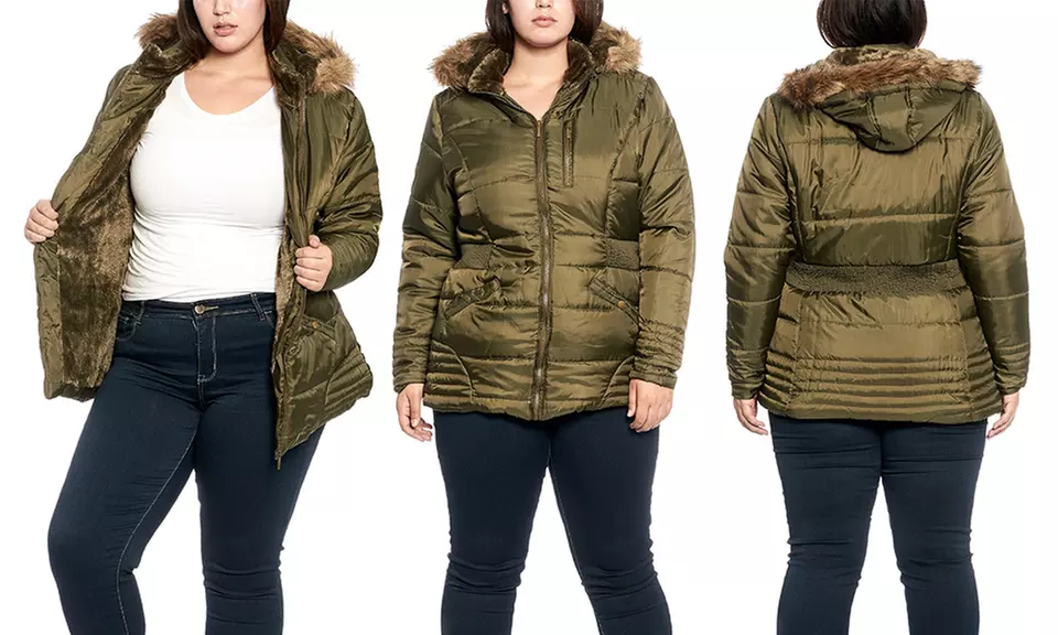 Women's Plus-Size Sherpa-Lined Puffer Jacket with Fur-Trimmed Hood - Second Medium