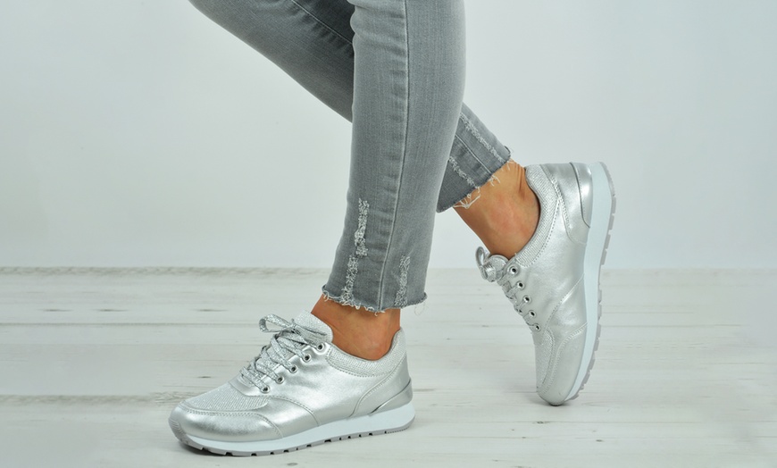 Image 2: Women's Lace-Up Sparkly Trainers