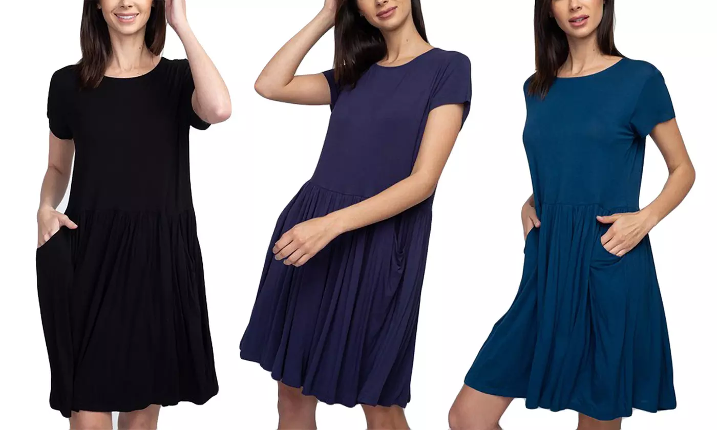 Women's Short-Sleeve Babydoll Dress with Pockets - Primary Image