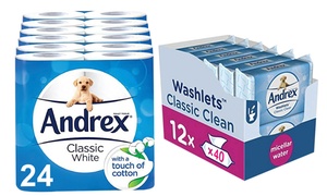  24 Toilet Rolls Andrex Classic White with 240 Flushable Toilet Wipes 