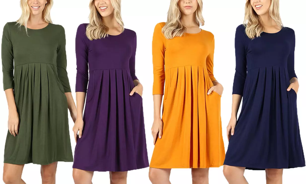 Women's 3/4 Sleeve Pleated Dress with Pockets. Plus Sizes Available. - Primary Image