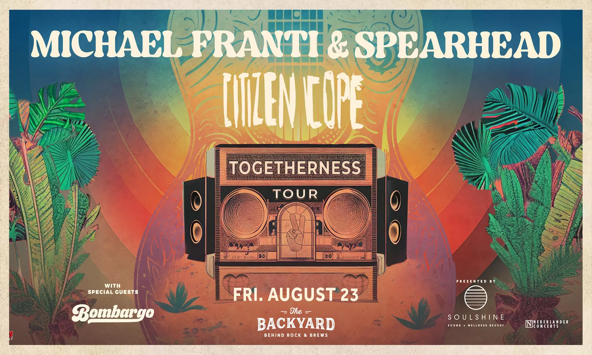Michael Franti & Spearhead: Togetherness Tour W/ Citizen Cope and Bombargo on August 23 at The Backyard 6 PM - Primary Image