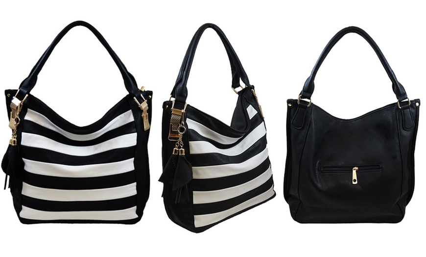 Image 2: Leather-Look Striped Hobo Handbag