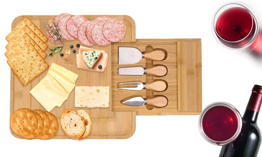 Image 1: Bamboo Cheese and Charcuterie Board with Knife Drawer and Four Knives