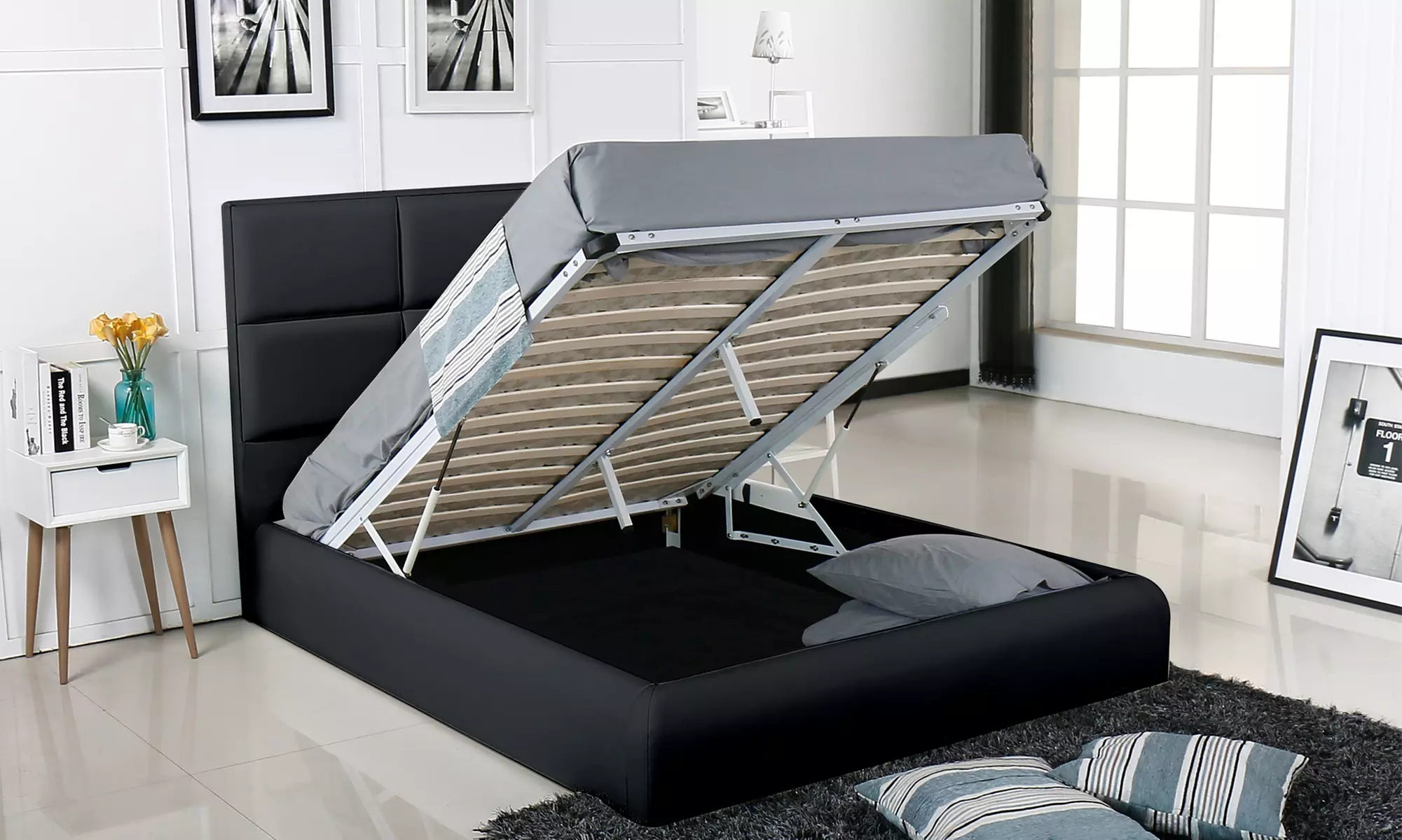 Lit double avec coffre de rangement en simili cuir avec sommier à lattes, livraison offerte - Primary Image