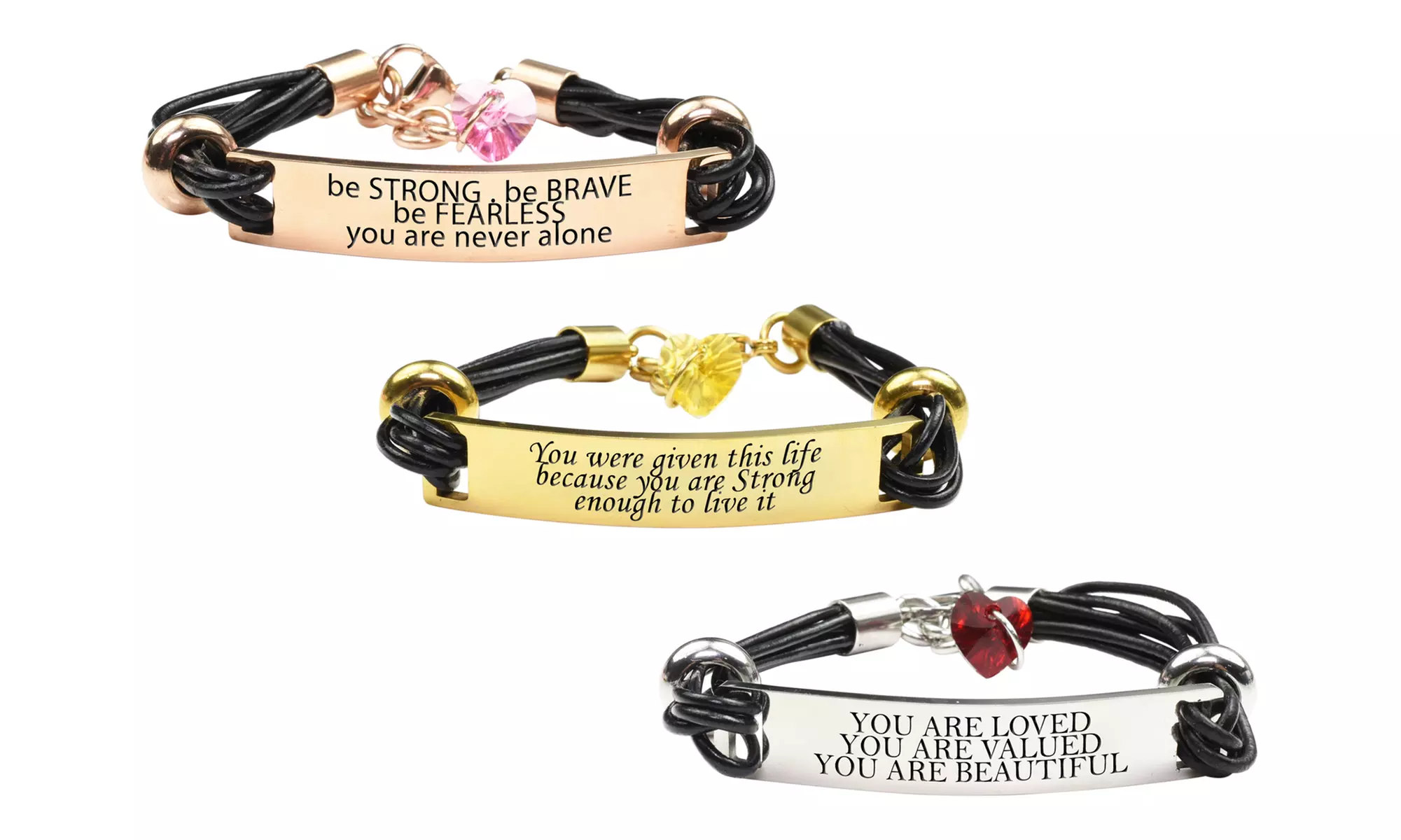Genuine Leather Inspirational Bracelet with Crystals from Swarovski with Free Leather Heart Charm Bracelet by Pink Box - Primary Image