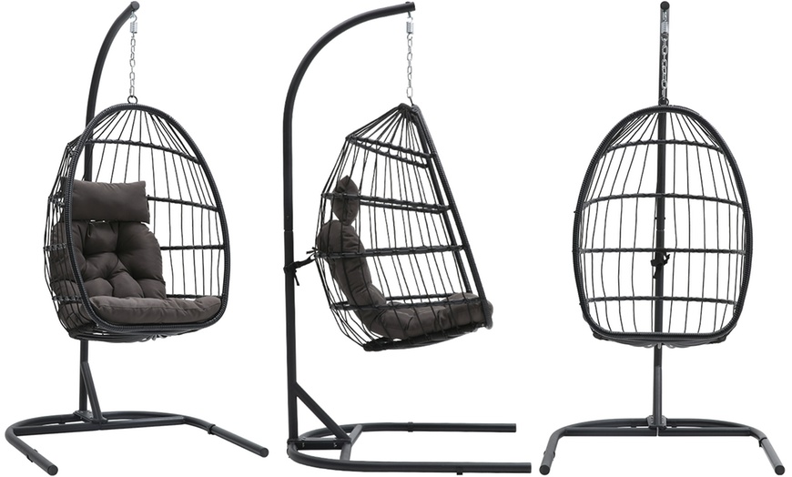 Image 21: Black Outdoor Hanging Egg Chair with Cushion