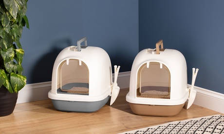 Litière amovible pour chat avec poignée et raclette gris ou beige