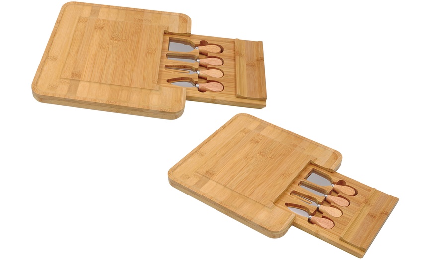 Image 3: Bamboo Cheese and Charcuterie Board with Knife Drawer and Four Knives