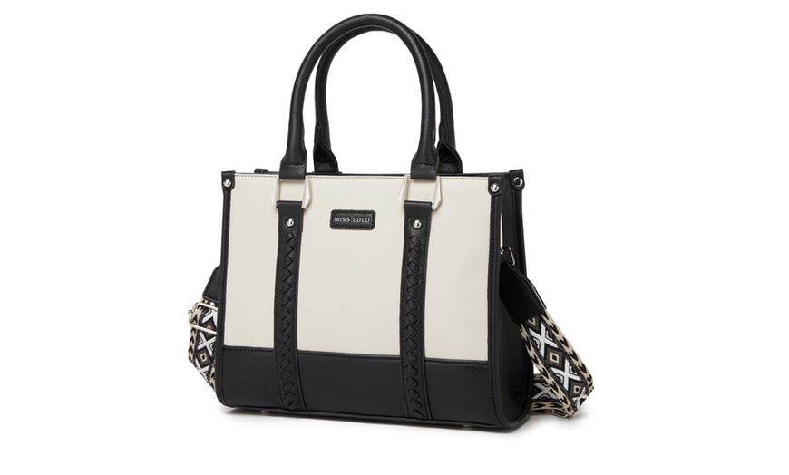 Image 7: Miss Lulu PU Leather Graceful Spacious Tote Bag with Woven Trim Strap