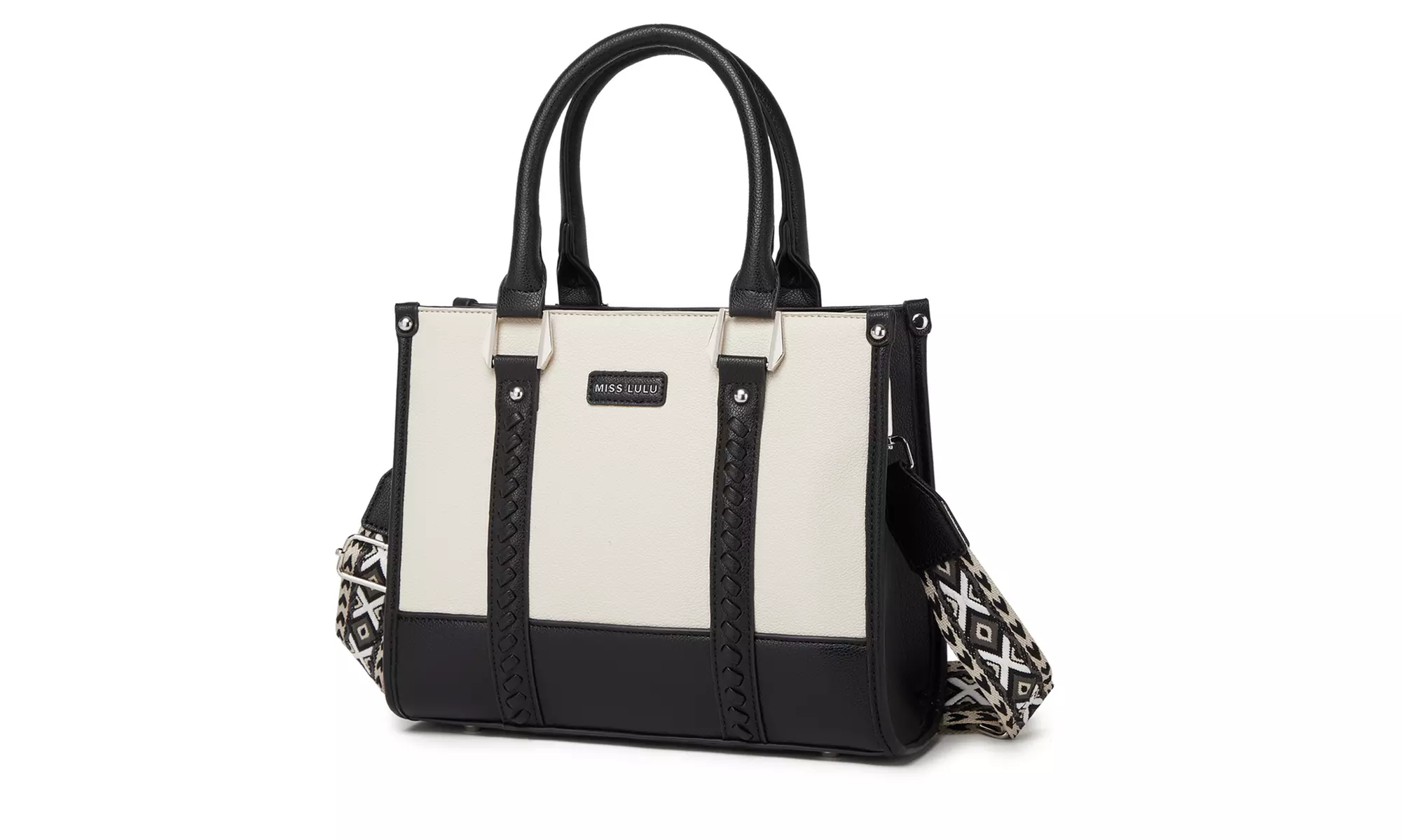 Miss Lulu PU Leather Graceful Spacious Tote Bag with Woven Trim Strap