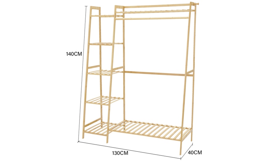Image 10: Natural Bamboo Garment Rack with Shelves and Hanging Rod