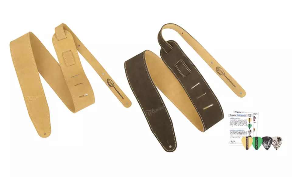 Takamine Suede Brown or Tan Guitar Strap with 4-Pick Sampler. Free Returns.  - Primary Image
