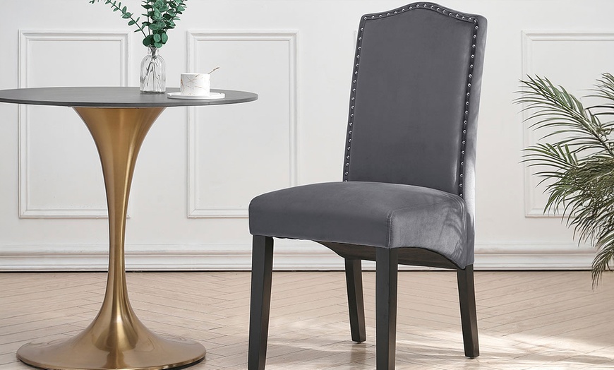 Image 1: Set of Two Grey Velvet High Back Dining Chair