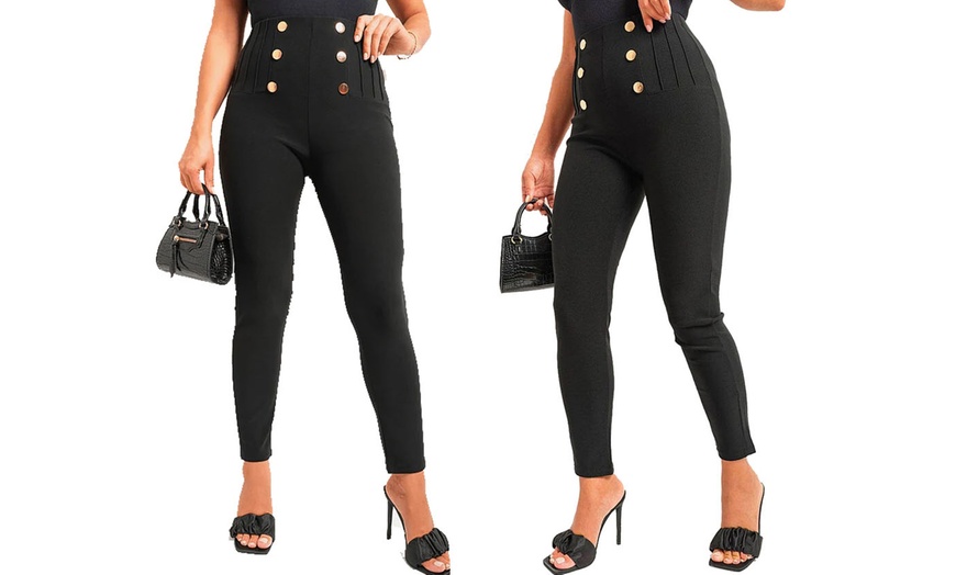 Image 3: Gold Button Waist Detail Stretch Fit Smart Trousers