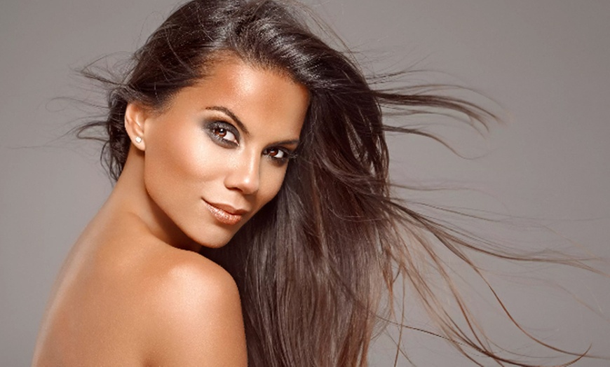 Image 1: Haircut, Coloring and Blowdry Combos with Optional Brow Wax and Tint