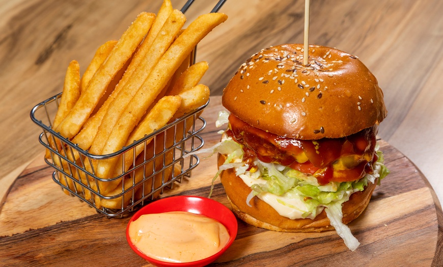 Image 1: Burger, Beer Battered Chips and Drink