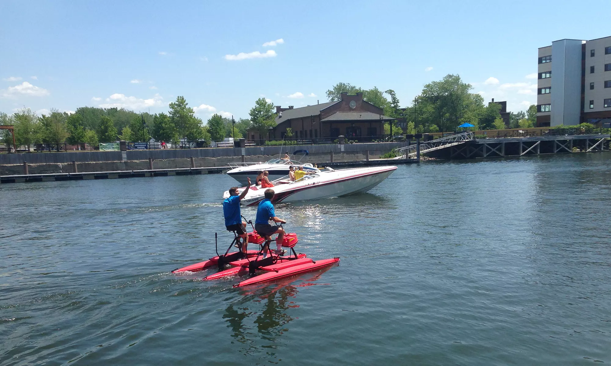 Discover the city from a new angle with water-bike rentals for one or two at RiverWorks (Up to30% Off) - Primary Image