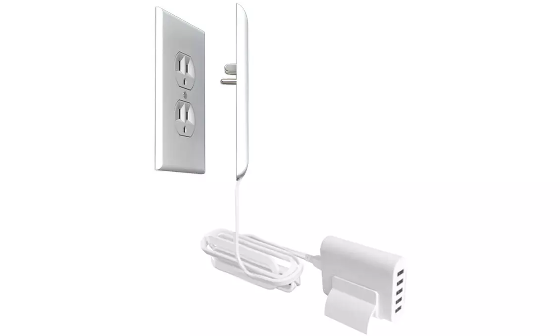 Sleek Socket Fast Charging 5-Port USB Charger with Thin Plug and Wall Plate - Primary Image