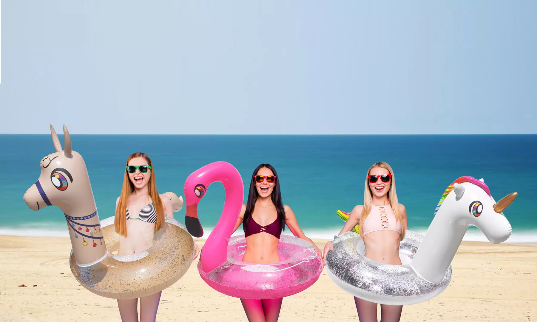 1, 2, 3 ou 6 bouées scintillantes XXL de 120 cm de diamètre, modèle "Flamant rose", "Lama" ou "Licorne" au choix - Primary Image