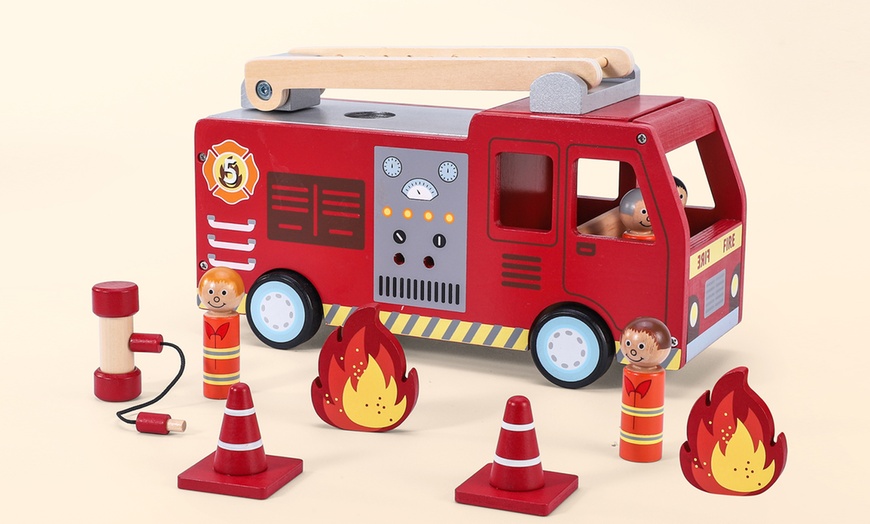 Image 4: SOKA Wooden Fire Engine Truck with Firefighter Figurines