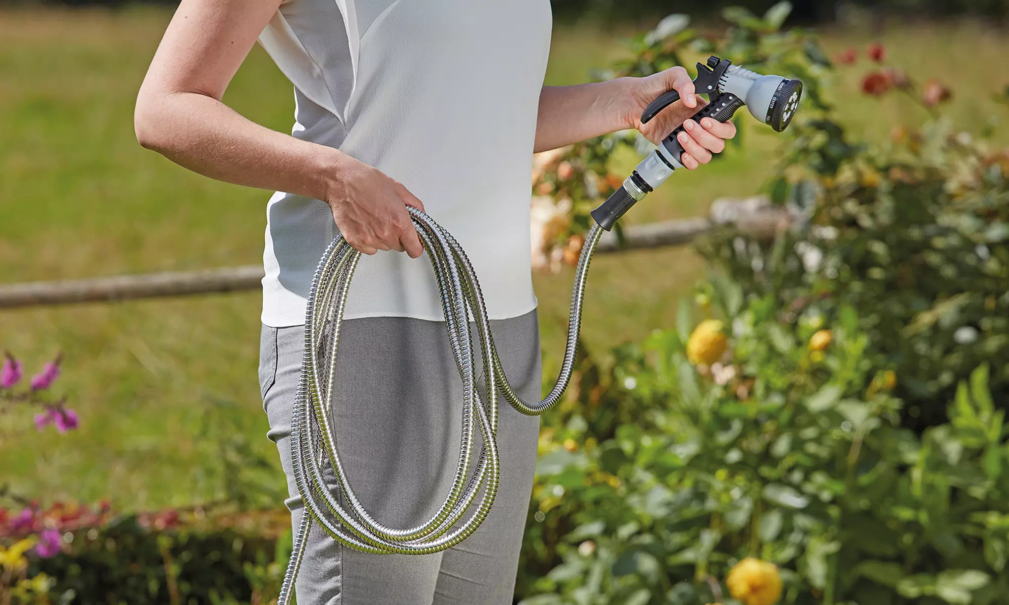 Stainless Steel Garden Hose with 8-Pattern Nozzle - Primary Image