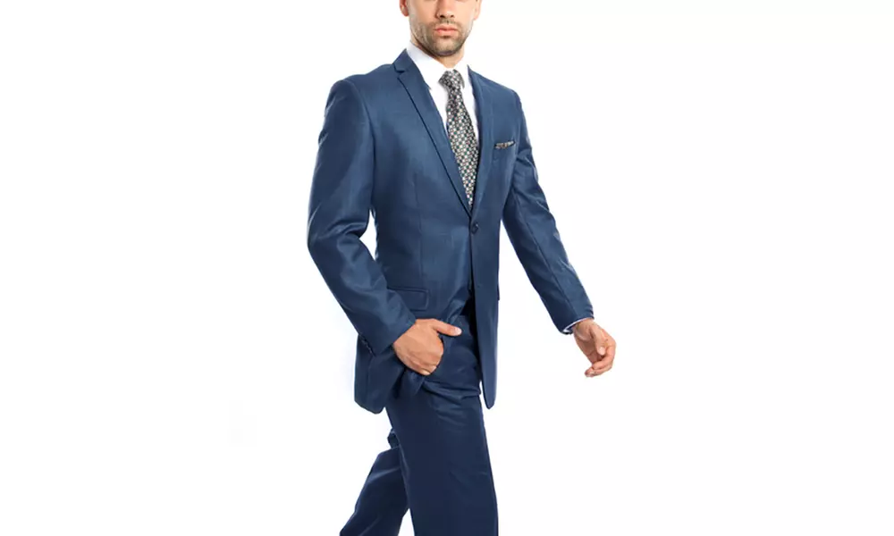 Men's Ultra Slim Fit Sharkskin Suit with Free Assorted Watch - Second Medium