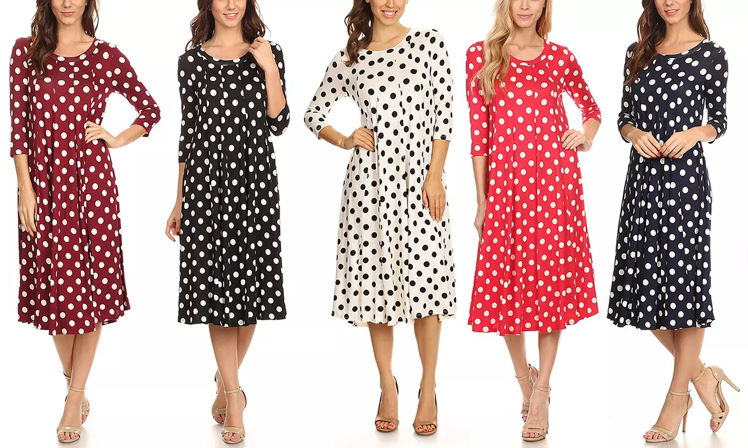 MOA Collection Women's Large Polka-Dot Print 3/4 Sleeve A-Line Midi Dress. Plus Sizes Available. - Primary Image
