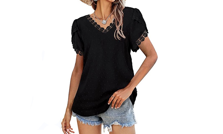 Image 3: Women's V-Neck Lace Petal Sleeve Dot T-Shirt