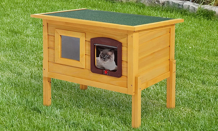 Image 1: PawHut Outdoor Wooden Cat House