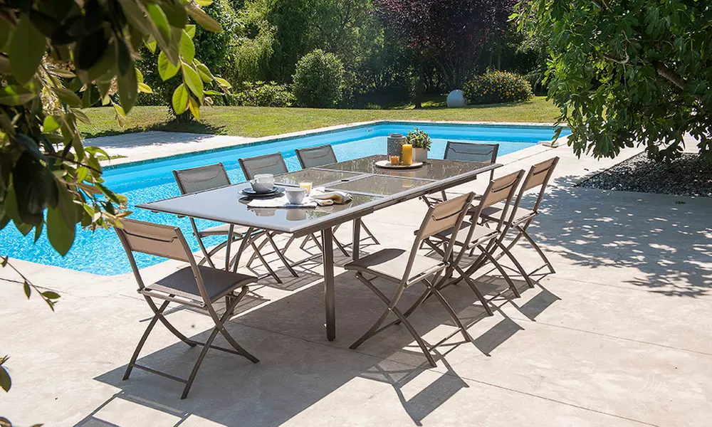 Salon de jardin table en verre avec rallonge papillon + 6 chaises pliantes - Primary Image