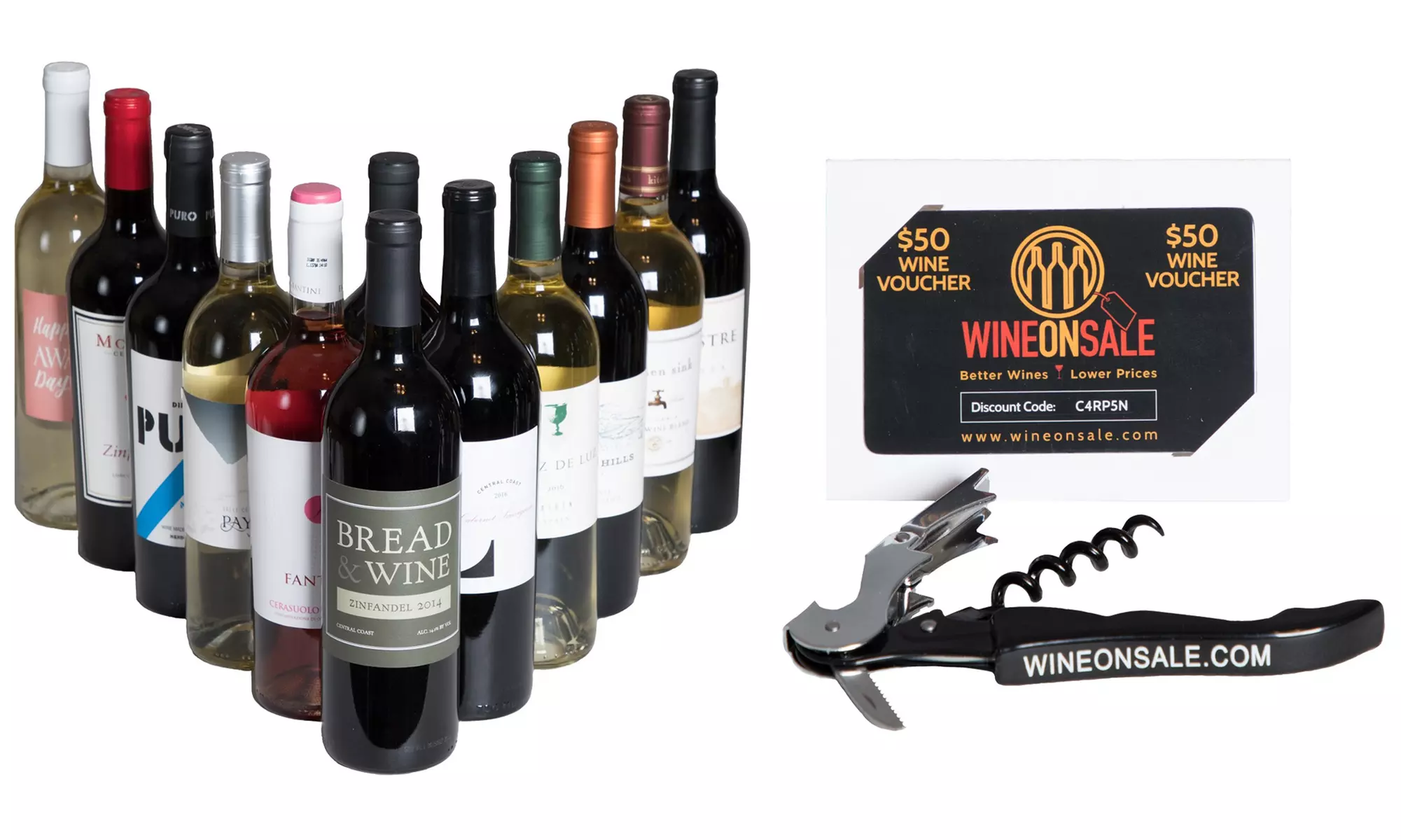 12, 15, 18, or 20 Bottles of Wine with Free $50 Wine Voucher and Corkscrew from WineOnSale.com (Up to 81% Off)  - Primary Image