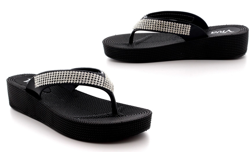 Image 2: Diamante Wedge Flip Flops