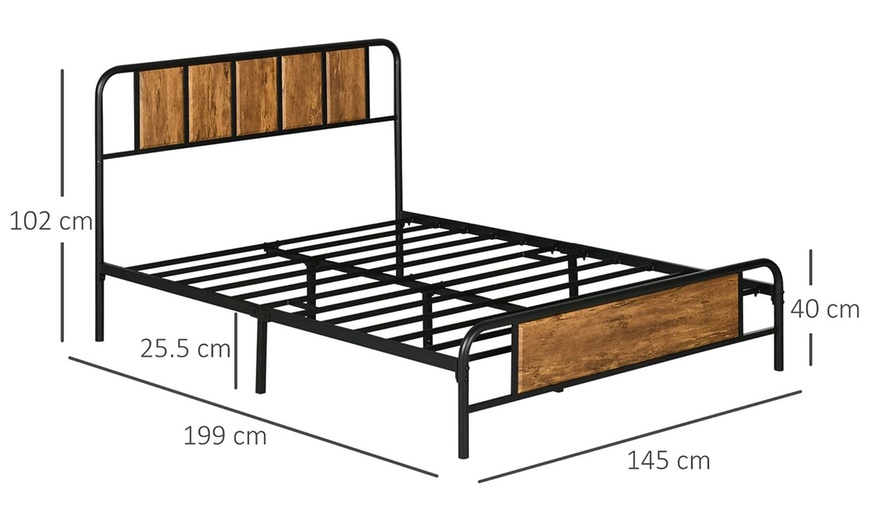 Image 8: HomCom Double Bed Frame with Industrial Wood Headboard