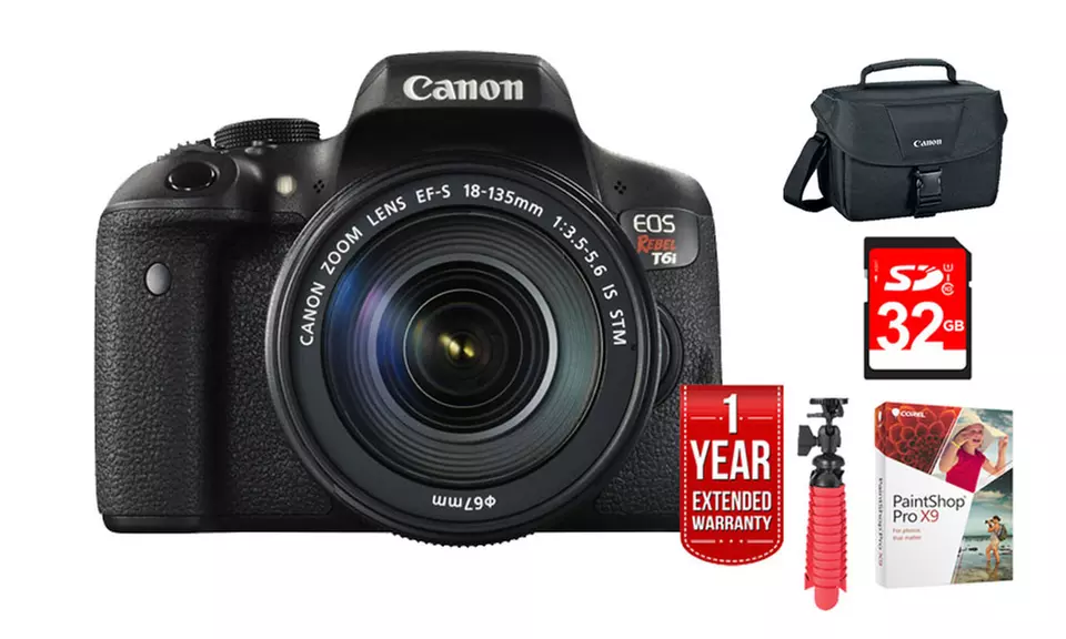 Canon EOS Rebel T6i 24.2MP DSLR Camera with EF-S 18-135mm IS STM Lens Kit + 32GB Bundle (6-Piece) - Primary Image